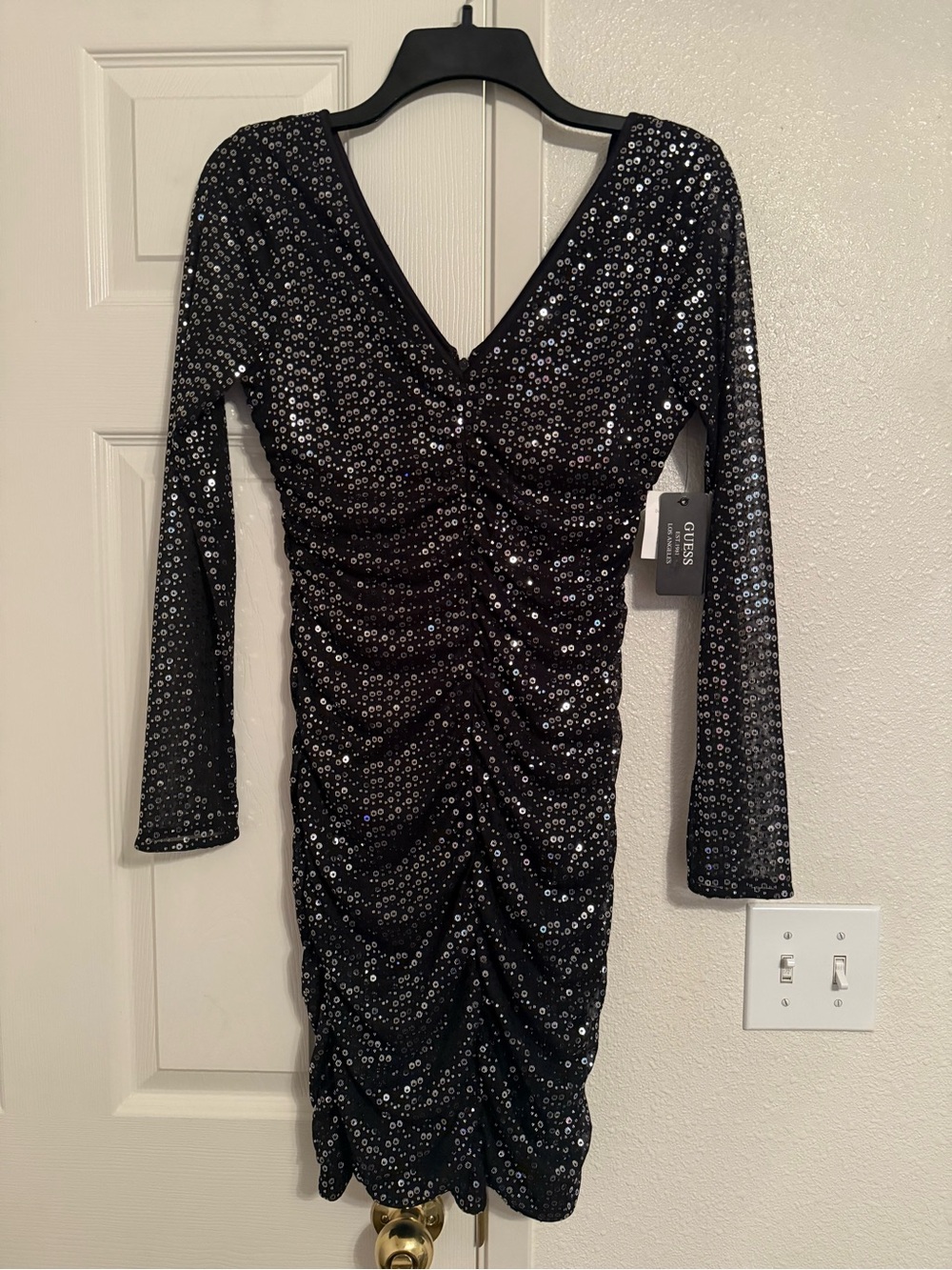 GUESS Black Sequin Ruched V-Neck Long Sleeve Dress